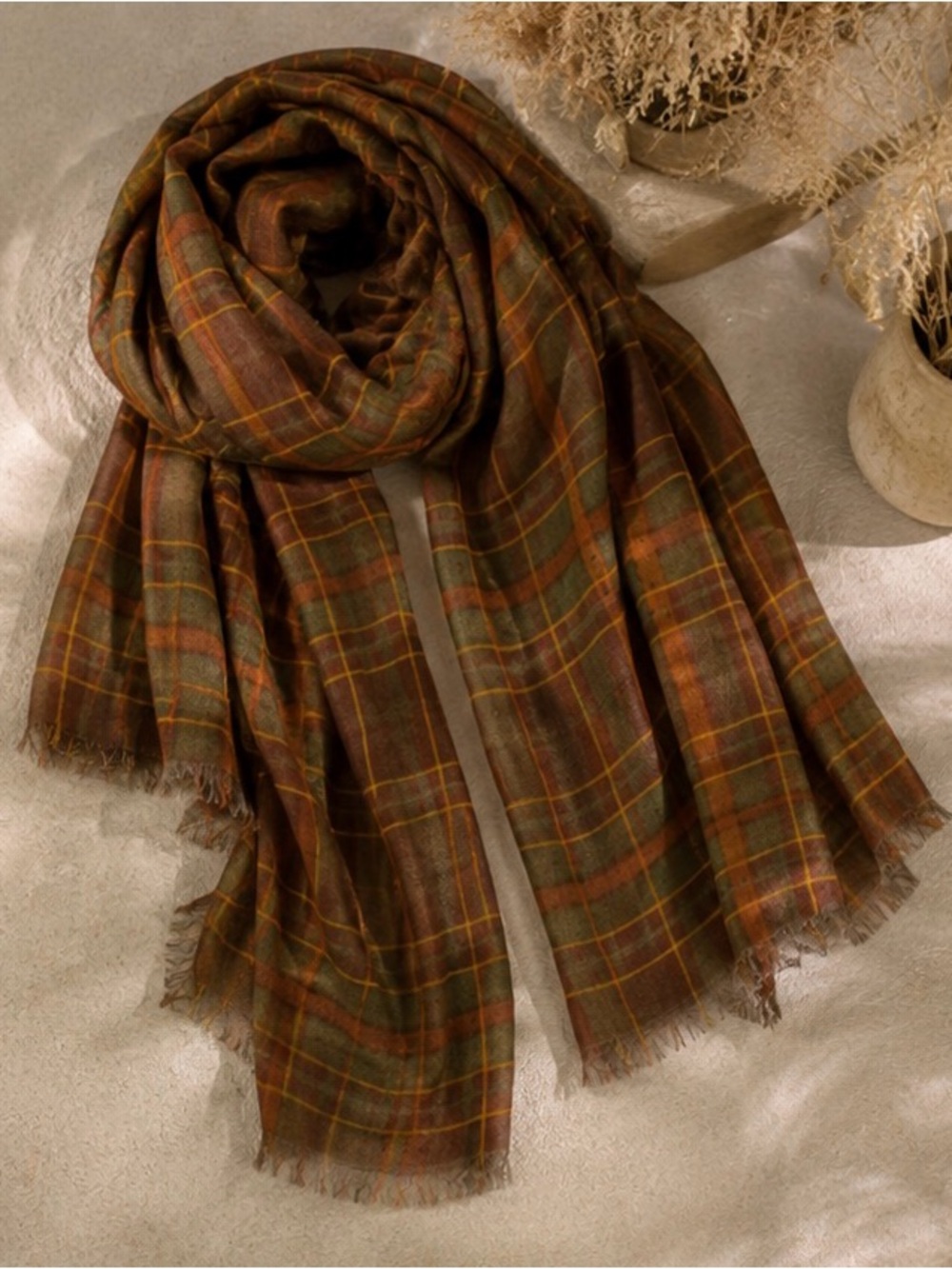 NWT Patricia Nash Plaid Fringe Scarf Brown Olive Orange - Picture 2 of 3